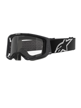 Alpinestars Vision 8 Corp Goggles, Motocross Goggles, Black frame with Clear lens, wide black adjustable strap with prominent white Alpinestars star logo, visible 3D molded face foam, professional off-road racing eye protection
