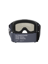 Alpinestars Vision Sand Goggles, Motocross Goggles, Black and Gray, Rear view showing the wide gray strap with 'Alpinestars One Goal. One Vision.' text, black multi-layer face foam, and dark smoke lens, off-road desert riding gear