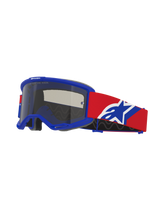 Alpinestars Vision Sand Goggles, Motocross Goggles, Blue frame with Dark Smoke lens, Red strap with Blue and White logo, off-road eye protection with specialized vent foam for desert riding