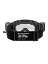 Alpinestars Vision 8 Corp Goggles Roll Off, rear view, black strap featuring white 'ALPINESTARS ONE GOAL. ONE VISION.' slogan, integrated roll-off canisters, clear lens, and foam padding for motocross racing