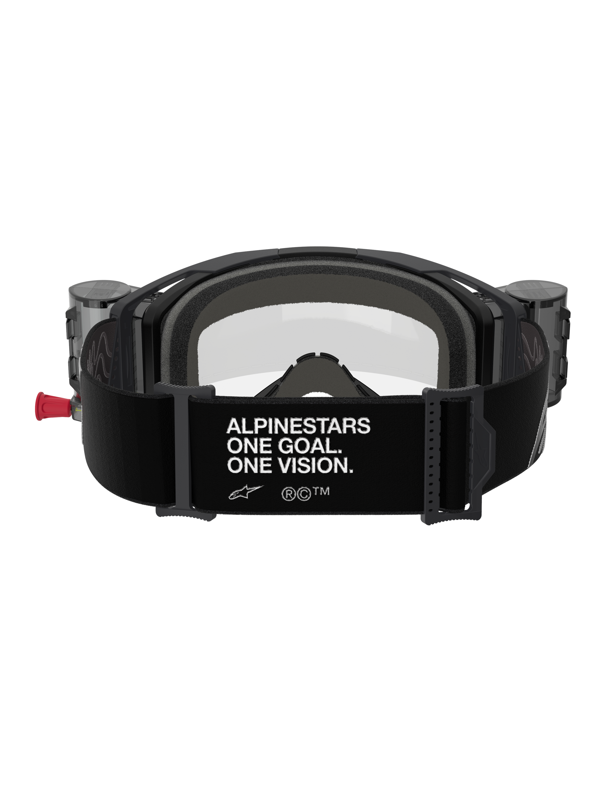Alpinestars Vision 8 Corp Goggles Roll Off, rear view, black strap featuring white 'ALPINESTARS ONE GOAL. ONE VISION.' slogan, integrated roll-off canisters, clear lens, and foam padding for motocross racing