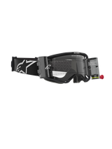 Alpinestars Vision 8 Corp Goggles, Motocross Goggles with Roll-Off System, Black and Clear, featuring transparent film canisters, a clear lens, and a wide black strap with a large white Alpinestars logo