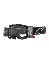Alpinestars Vision 8 Corp Goggles Roll Off, Motocross Goggles, Black and Clear, integrated roll-off system with red pull-tab, black strap with white logo, wavy lens pattern with "ONE GOAL. ONE VISION." text, performance eye protection for off-road racing
