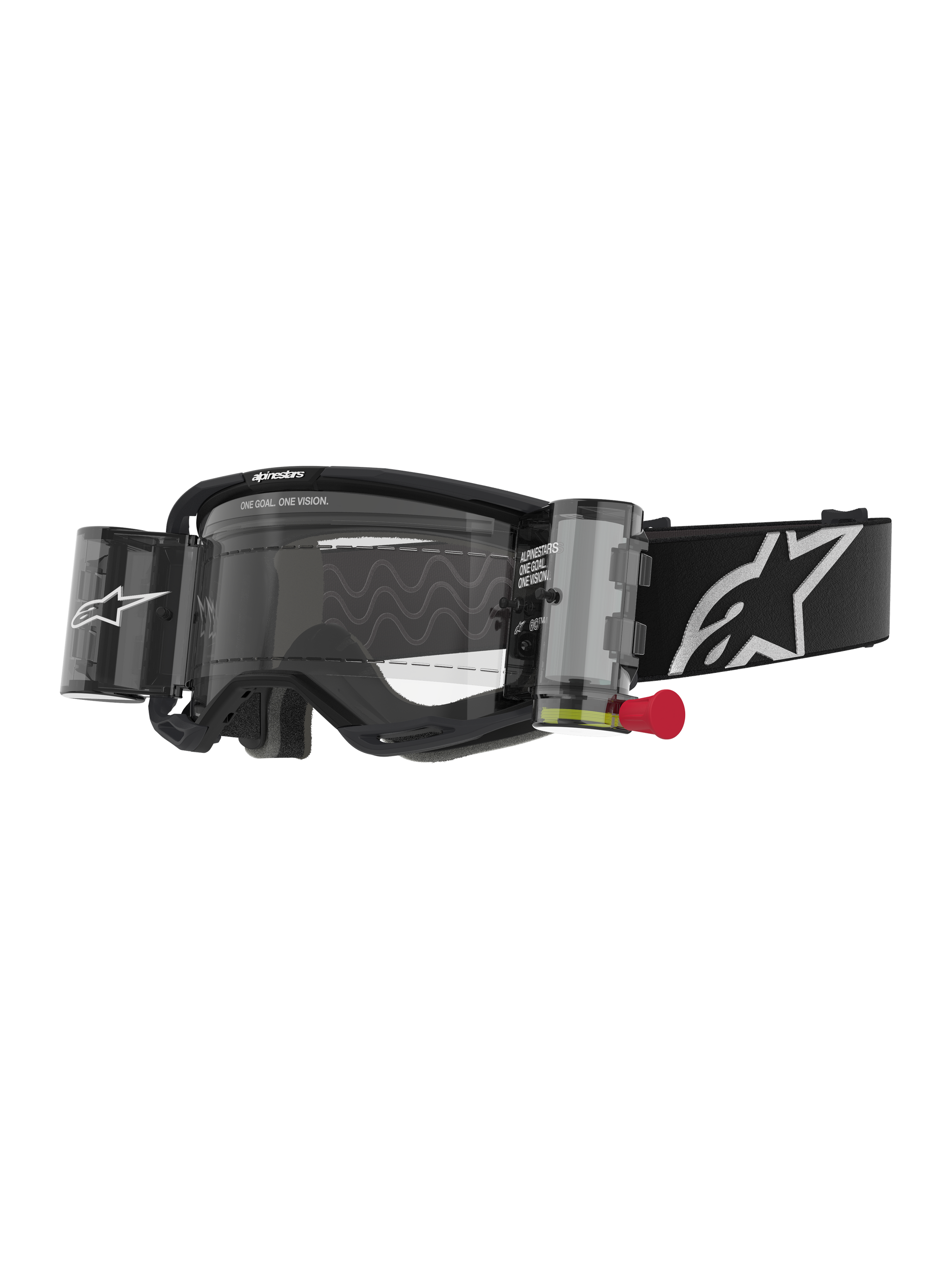 Alpinestars Vision 8 Corp Goggles Roll Off, Motocross Goggles, Black and Clear, integrated roll-off system with red pull-tab, black strap with white logo, wavy lens pattern with "ONE GOAL. ONE VISION." text, performance eye protection for off-road racing