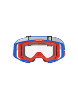 Alpinestars Vision 8 Wordmark Goggles, Motocross Goggles, Blue and Orange with Clear lens, front view, featuring a dual-tone flexible frame, wide peripheral lens design, and 'One Goal. One Vision.' branding on the upper inner frame.