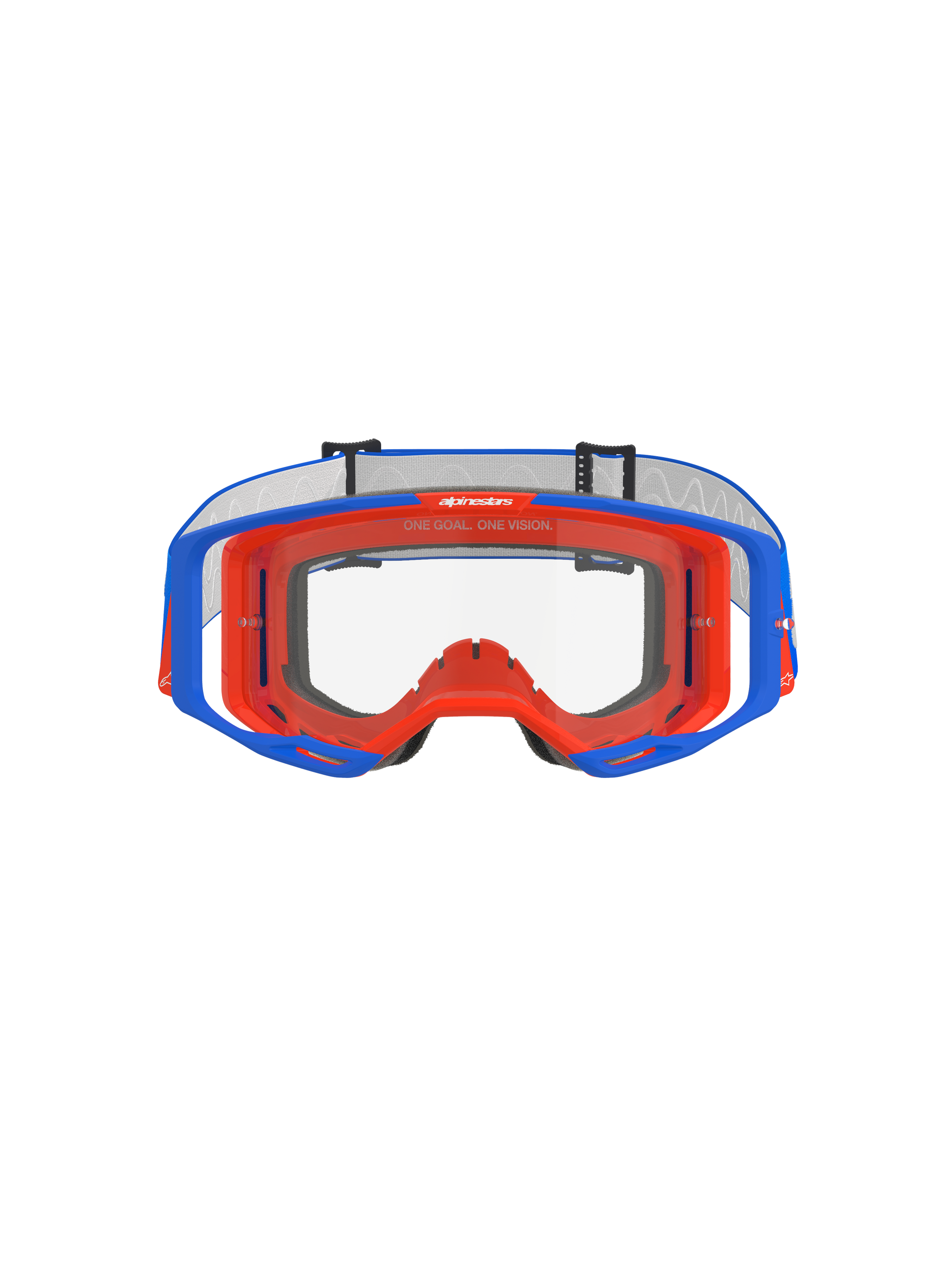 Alpinestars Vision 8 Wordmark Goggles, Motocross Goggles, Blue and Orange with Clear lens, front view, featuring a dual-tone flexible frame, wide peripheral lens design, and 'One Goal. One Vision.' branding on the upper inner frame.