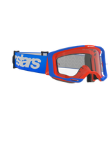 Alpinestars Vision 8 Wordmark Goggles, Motocross Goggles, Blue and Orange, clear anti-fog lens, wide blue strap with white Alpinestars branding, angular frame with outrigger system, high-performance off-road racing eyewear