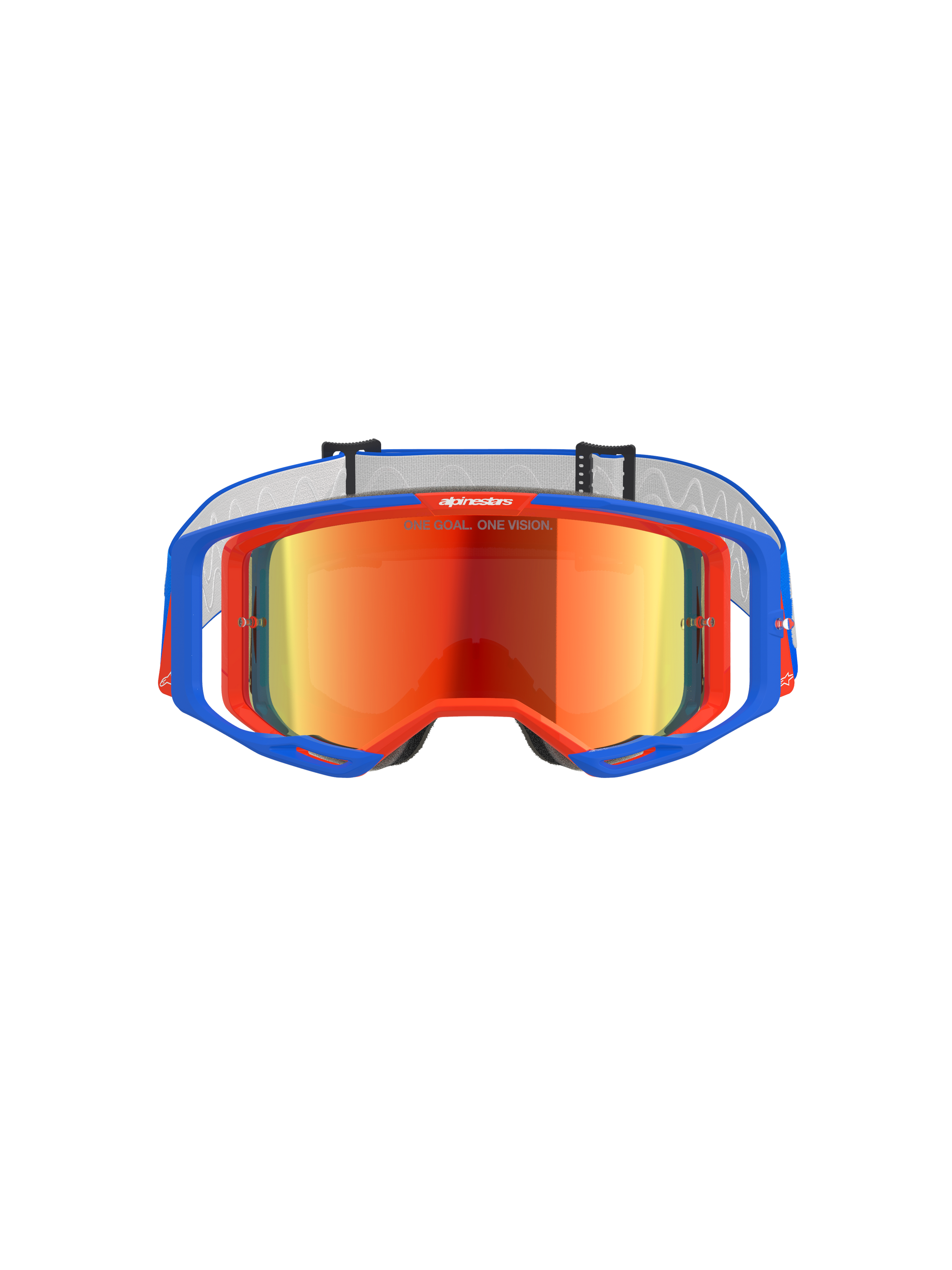 Alpinestars Vision 8 Wordmark Goggles, Motocross Goggles, Blue and Orange with Red Mirror Lens, featuring a wide field of view and high-performance A-FLEX frame for off-road racing.
