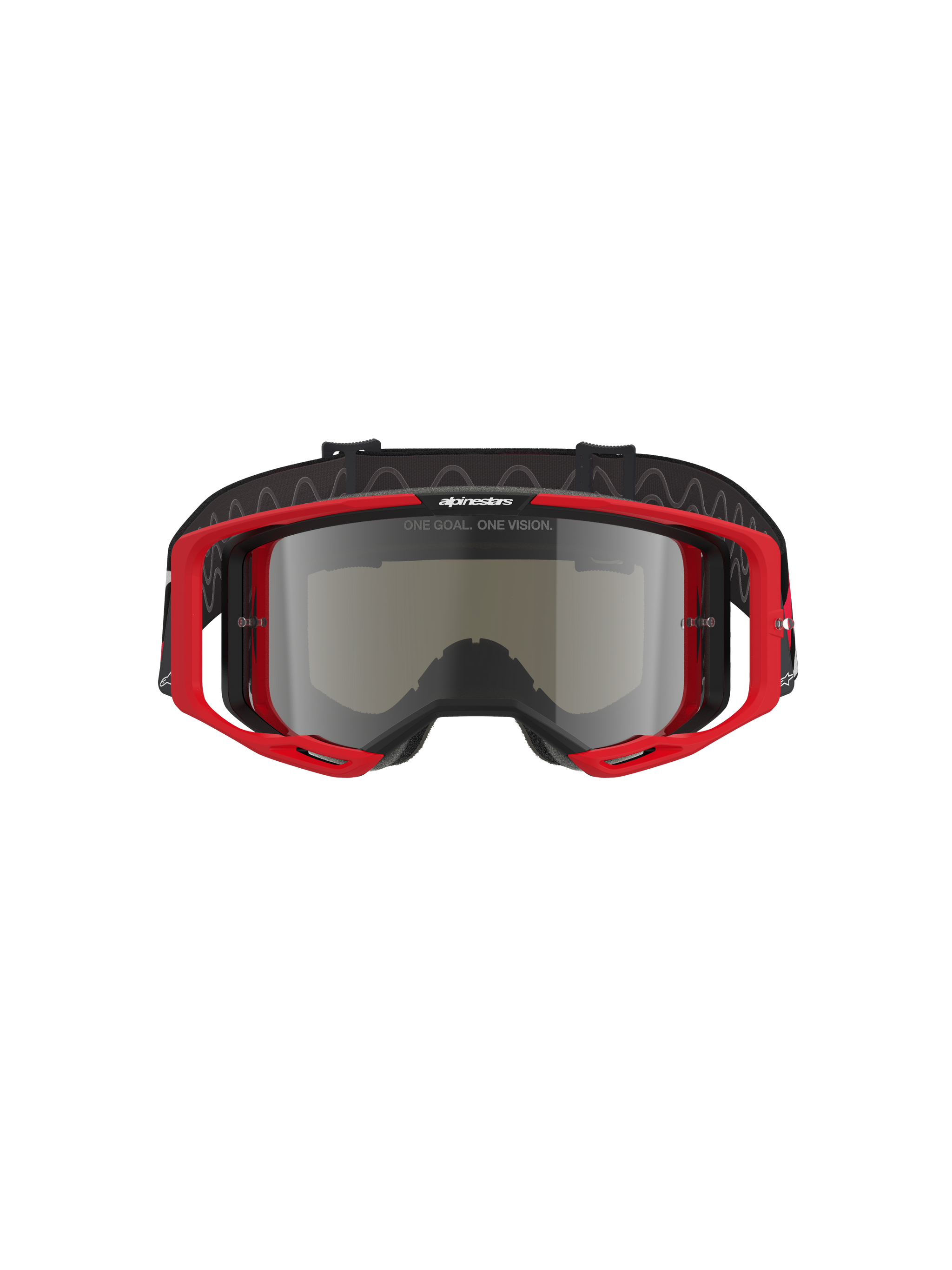Alpinestars Vision 8 Luar Goggles, Motocross Goggles, Red and Black frame with Silver Mirror lens, high-performance design with wide field of view, prominent branding on the strap and frame, suitable for off-road and motocross racing