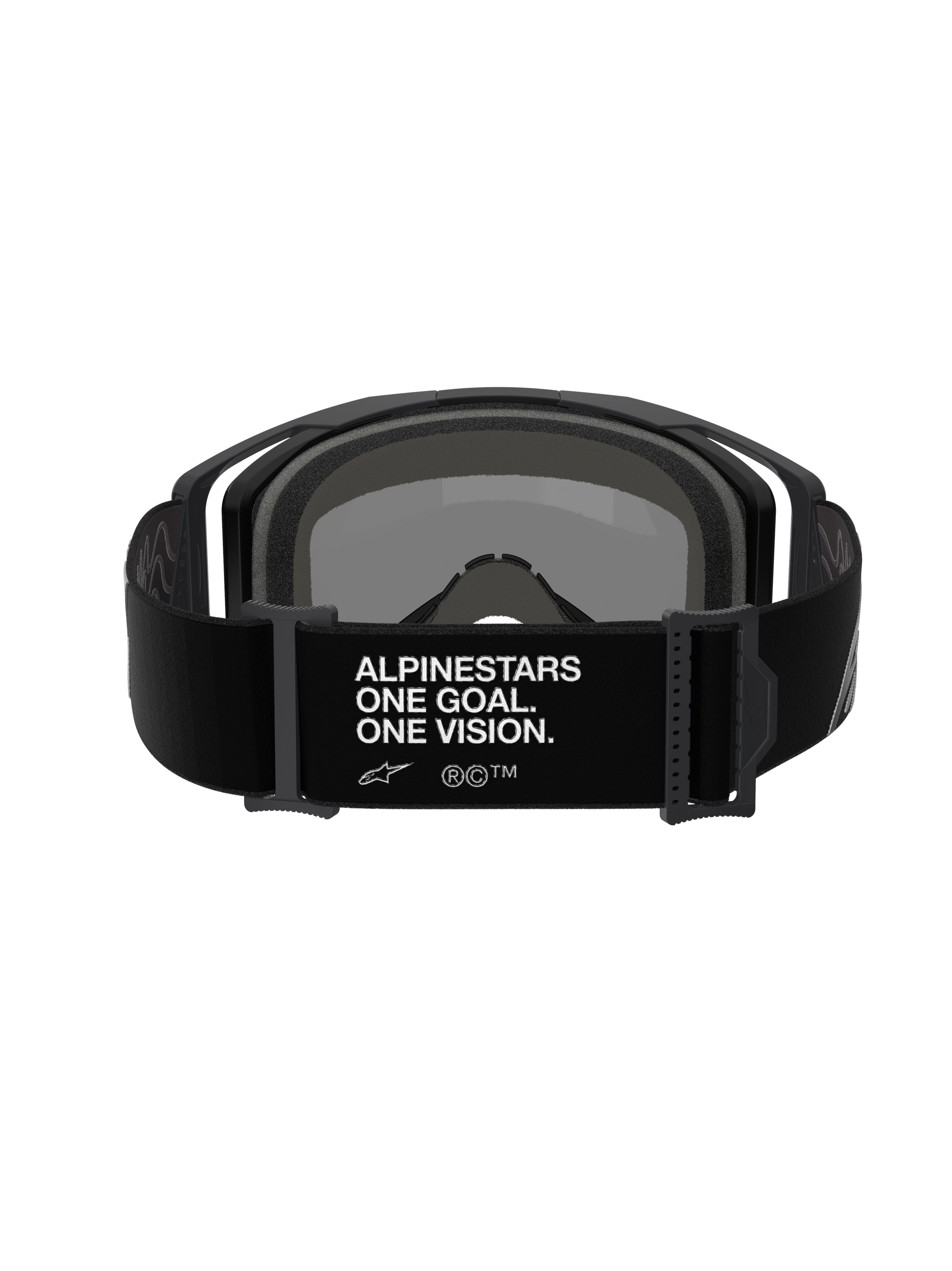Alpinestars Vision 8 Corp Goggles, Motocross Goggles, Rear view of black adjustable strap with white 'ALPINESTARS ONE GOAL. ONE VISION.' branding, black frame and foam padding