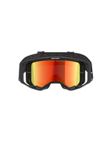 Alpinestars Vision 8 Corp Goggles, Motocross Goggles, Black and Mirror Red, front view featuring a red reflective lens with 'ONE GOAL. ONE VISION.' text, black frame with RAM-AIR ventilation, adjustable black strap, professional eye protection for off-road racing