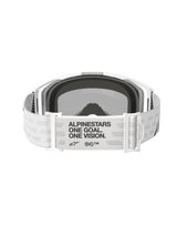 Alpinestars Vision 8 Corp Goggles, Motocross Goggles, White with Mirror Silver lens, rear view featuring a wide white woven strap with black 'ALPINESTARS ONE GOAL. ONE VISION.' text, adjustable buckles and comfortable face foam, designed for off-road performance