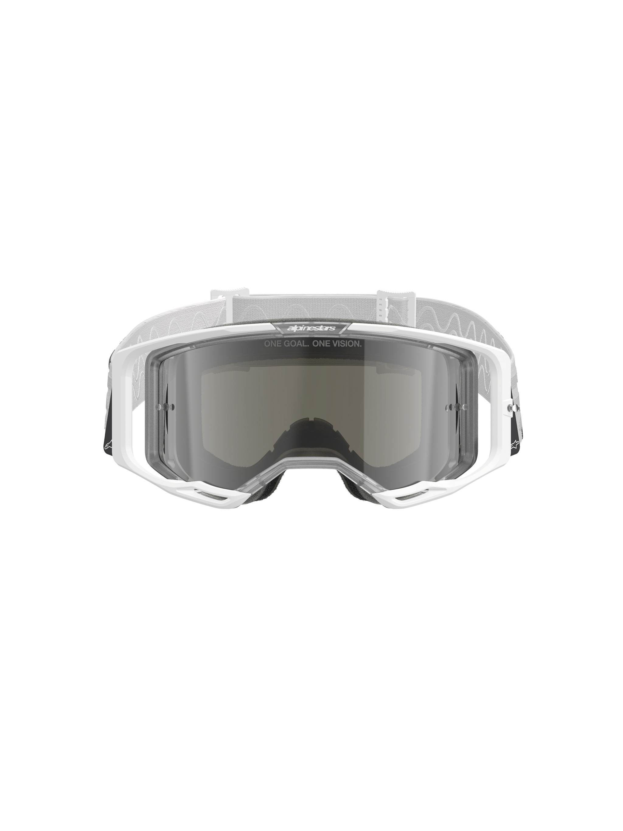 Alpinestars Vision 8 Corp Goggles, Motocross Goggles, White with Mirror Silver Lens, front view showing the wide-angle polycarbonate lens, RAM-AIR ventilation system, and white woven strap with branding.