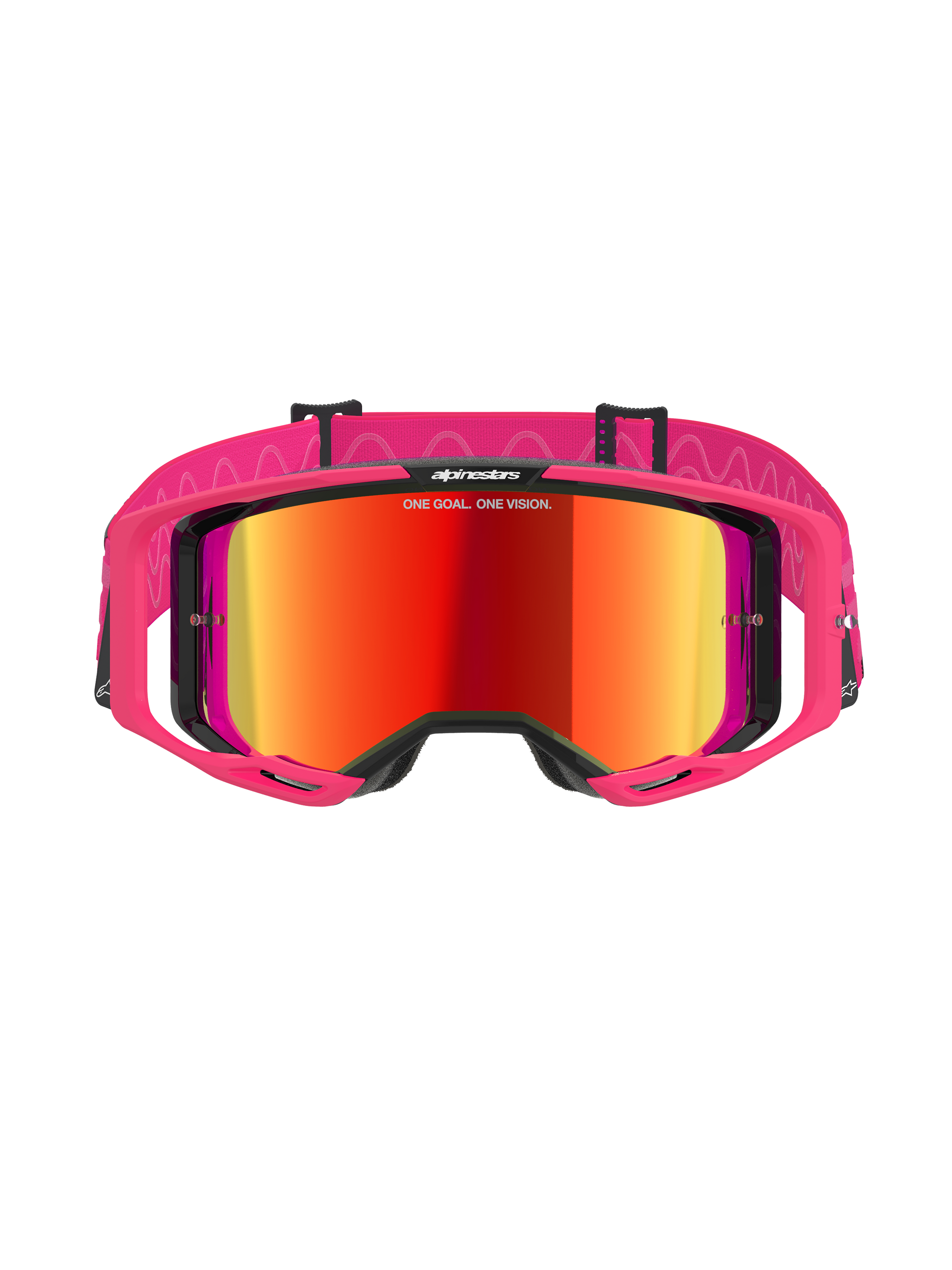 Alpinestars Vision 8 Corp Goggles, Motocross Goggles, Pink Mirror Red, featuring a pink A-FLEX frame and mirrored red lens, pink strap with white wavy patterns and logo, professional off-road racing eyewear