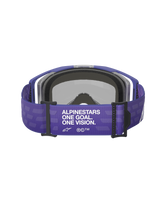 Alpinestars Vision 8 Corp Goggles, Purple, rear view featuring wide purple strap with white 'ALPINESTARS ONE GOAL. ONE VISION.' text, black hardware, and gray face foam, motocross racing eyewear