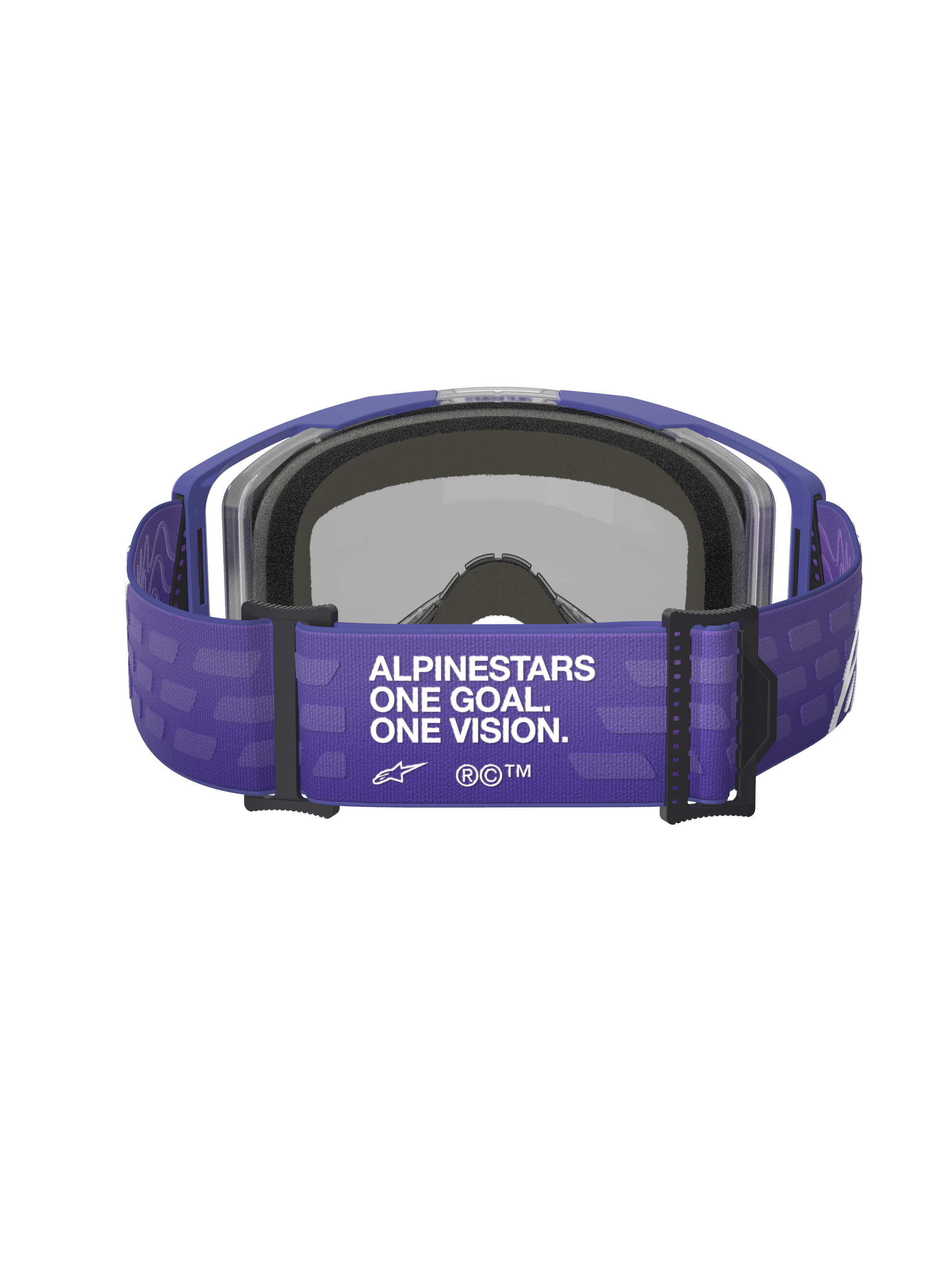 Alpinestars Vision 8 Corp Goggles, Purple, rear view featuring wide purple strap with white 'ALPINESTARS ONE GOAL. ONE VISION.' text, black hardware, and gray face foam, motocross racing eyewear