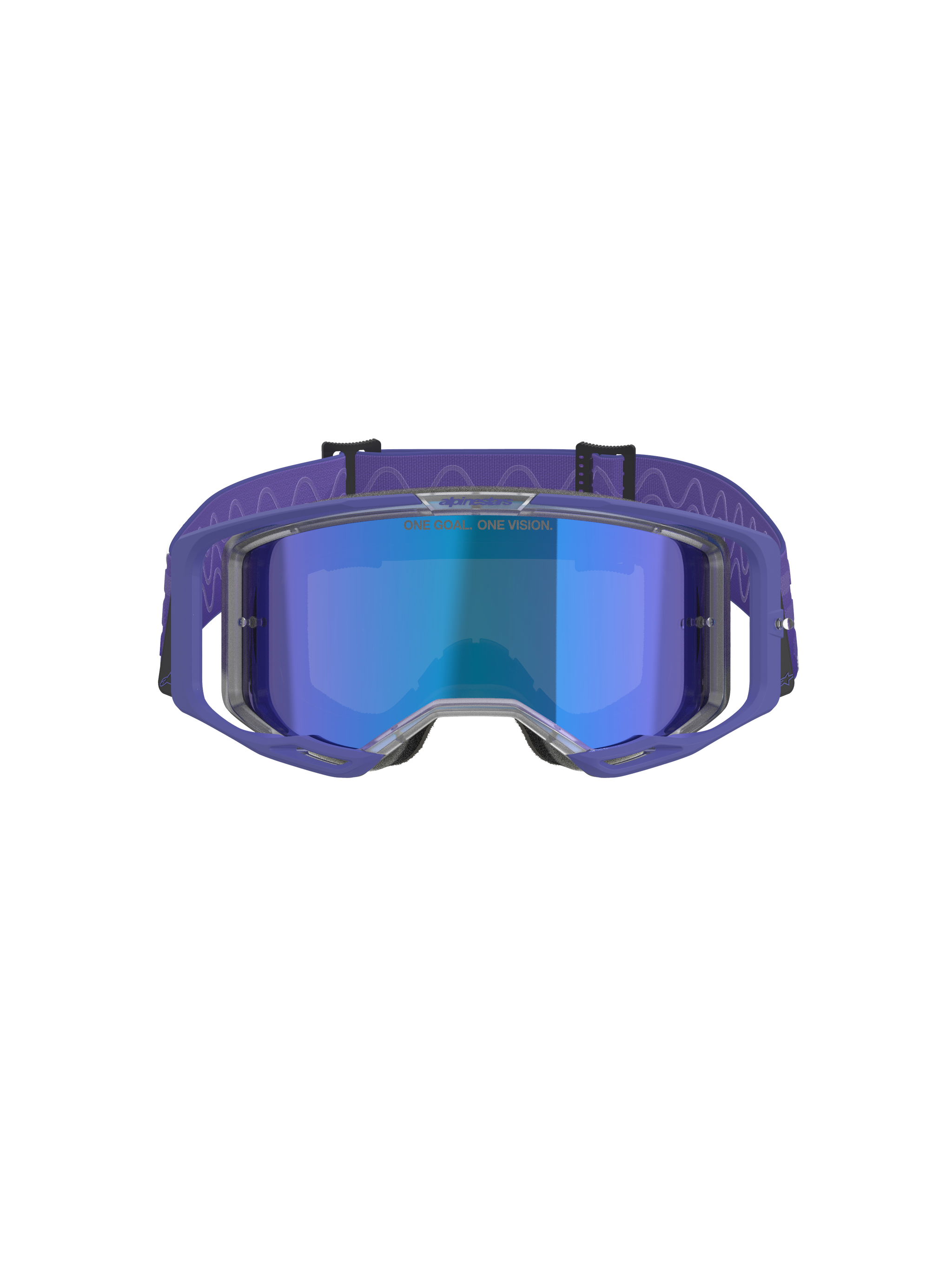 Alpinestars Vision 8 Corp Goggles, Motocross Goggles, Purple Frame with Blue Mirror Lens, purple strap with wavy pattern, high-performance eye protection for off-road racing