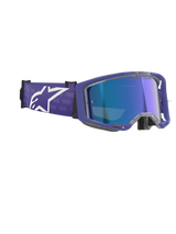 Alpinestars Vision 8 Corp Goggles, Motocross Goggles, Purple Mirror Blue, featuring a purple frame with a mirrored blue anti-fog lens, wide purple strap with bold white Alpinestars logo, high-performance eye protection for off-road racing