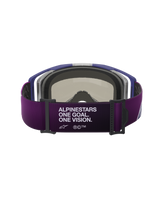 Alpinestars Vision 8 Corp Goggles, back view, purple strap with "ALPINESTARS ONE GOAL. ONE VISION." white text, gray 3D-molded face foam, purple frame, performance motocross goggles