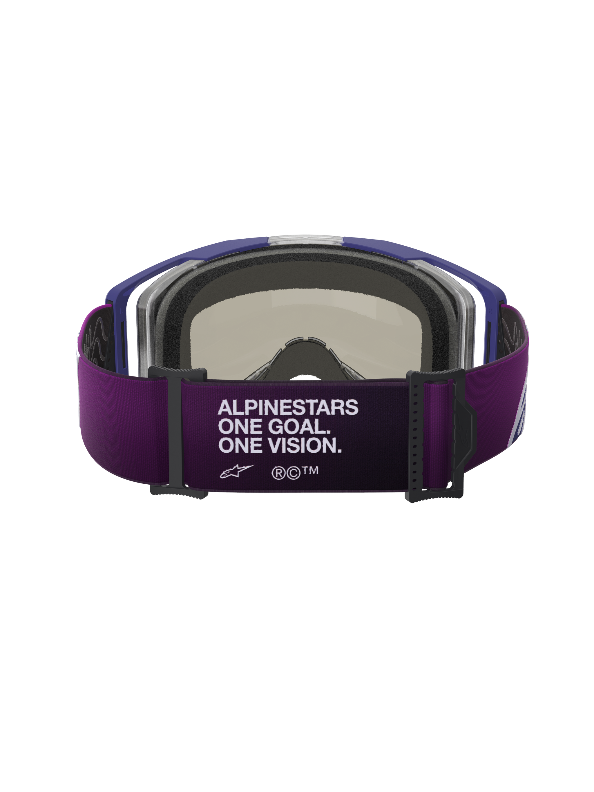 Alpinestars Vision 8 Corp Goggles, back view, purple strap with "ALPINESTARS ONE GOAL. ONE VISION." white text, gray 3D-molded face foam, purple frame, performance motocross goggles