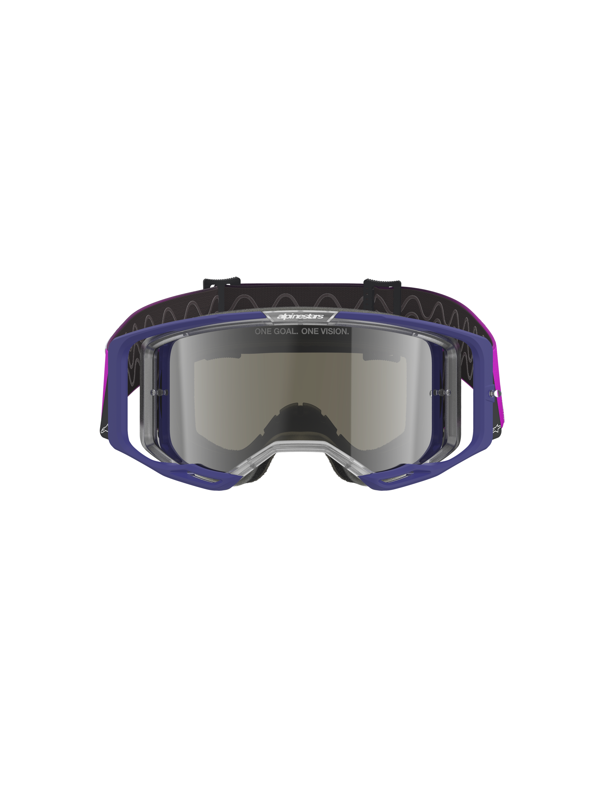 Alpinestars Vision 8 Corp Goggles, Motocross goggles with purple frame and light gray mirror silver lens, A-FLEX lightweight construction, RAM-AIR ventilation, "ONE GOAL. ONE VISION." branding on lens, purple strap, professional off-road eye protection
