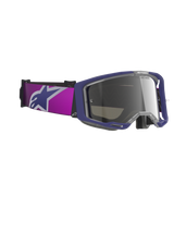 Alpinestars Vision 8 Corp Goggles, Motocross Goggles, Purple frame with Light Gray Mirror Silver lens, featuring a wide purple strap with a large Alpinestars logo, A-FLEX frame design, and tinted mirror lens, professional-grade off-road racing eyewear