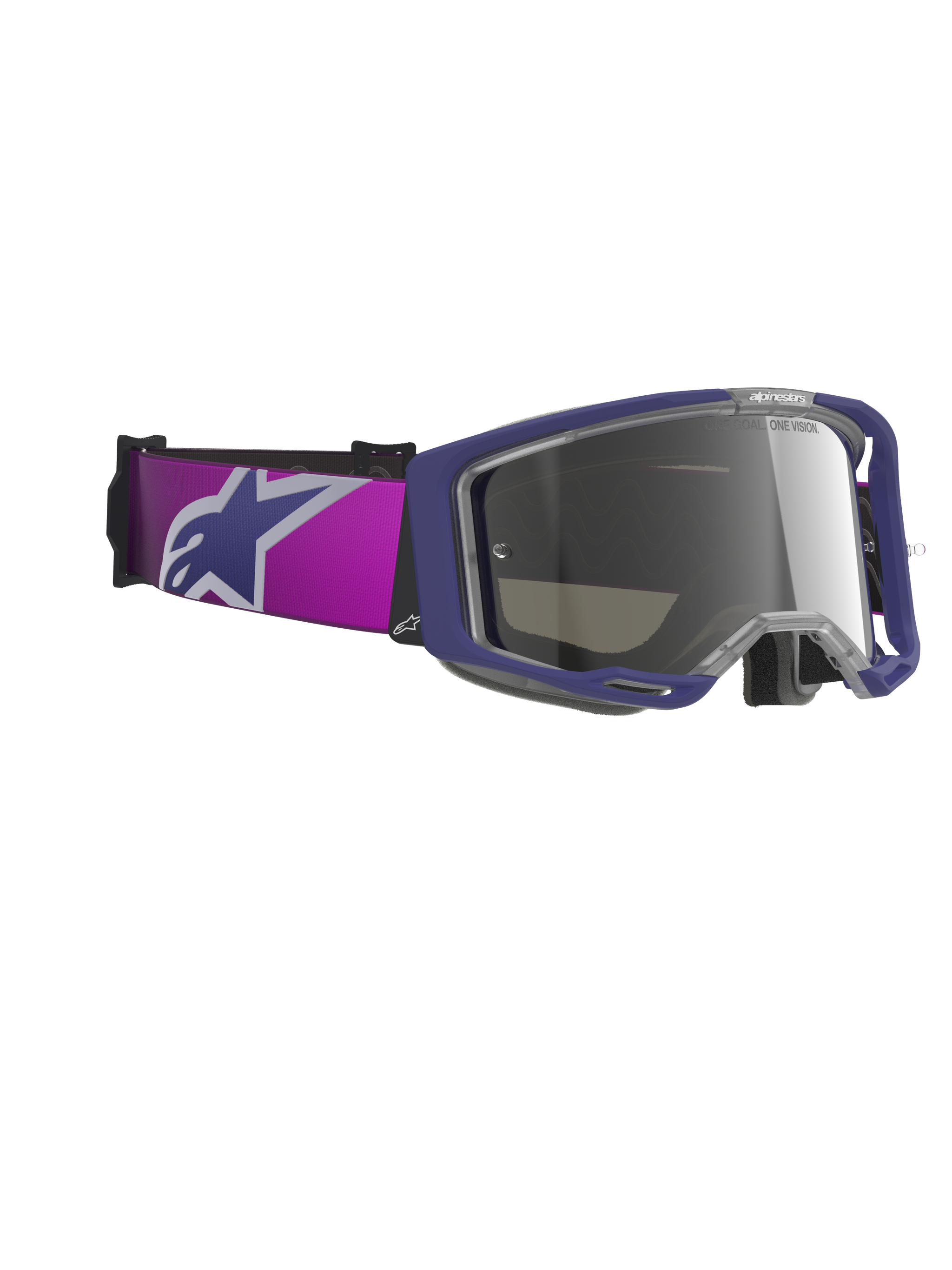 Alpinestars Vision 8 Corp Goggles, Motocross Goggles, Purple frame with Light Gray Mirror Silver lens, featuring a wide purple strap with a large Alpinestars logo, A-FLEX frame design, and tinted mirror lens, professional-grade off-road racing eyewear