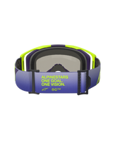 Alpinestars Vision 8 Corp Goggles, rear view focusing on the gradient purple and blue strap, featuring 'ALPINESTARS ONE GOAL. ONE VISION.' text in fluorescent yellow, bright yellow and purple A-FLEX frame with black face foam, professional motocross goggles.