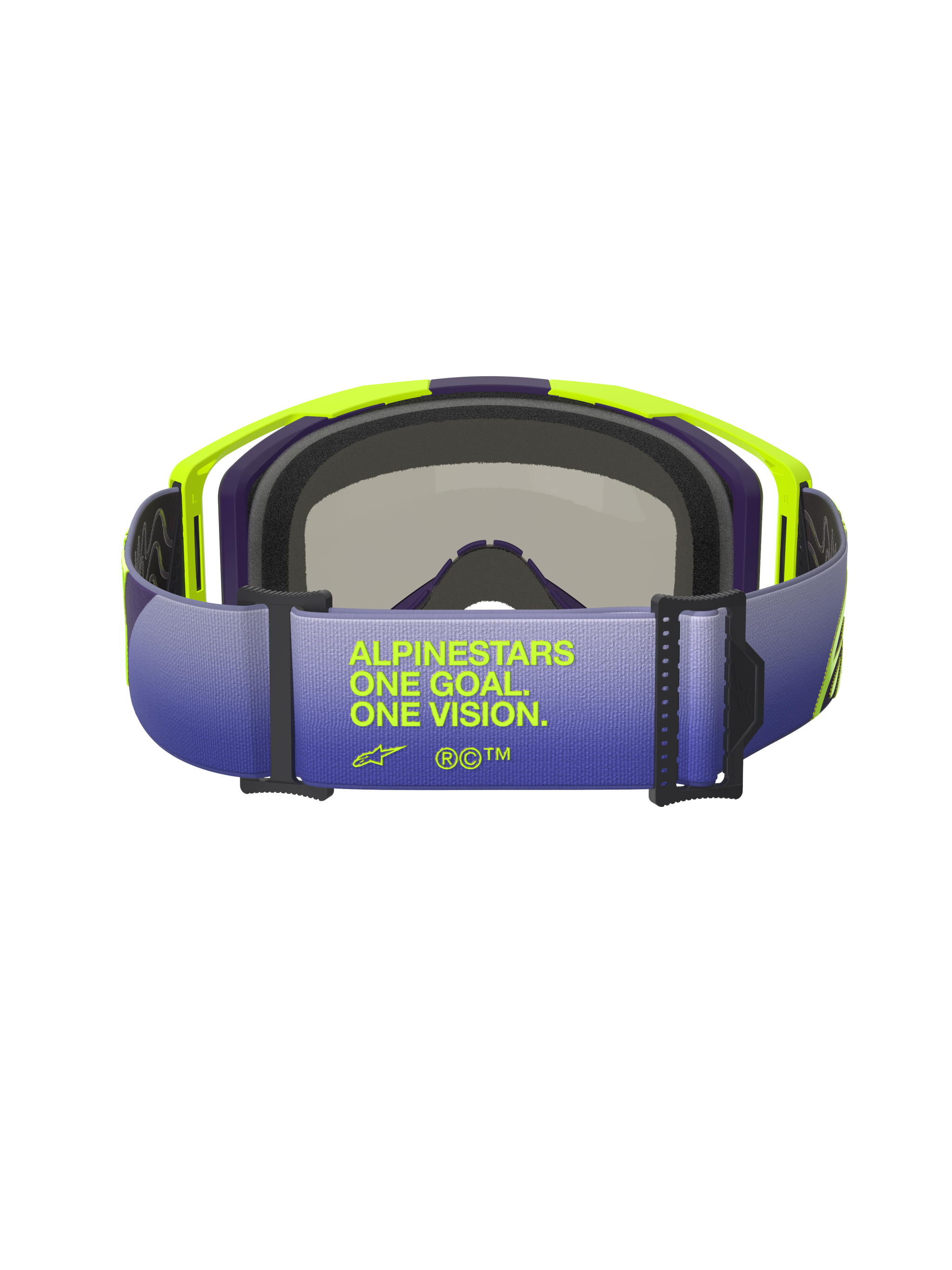 Alpinestars Vision 8 Corp Goggles, rear view focusing on the gradient purple and blue strap, featuring 'ALPINESTARS ONE GOAL. ONE VISION.' text in fluorescent yellow, bright yellow and purple A-FLEX frame with black face foam, professional motocross goggles.