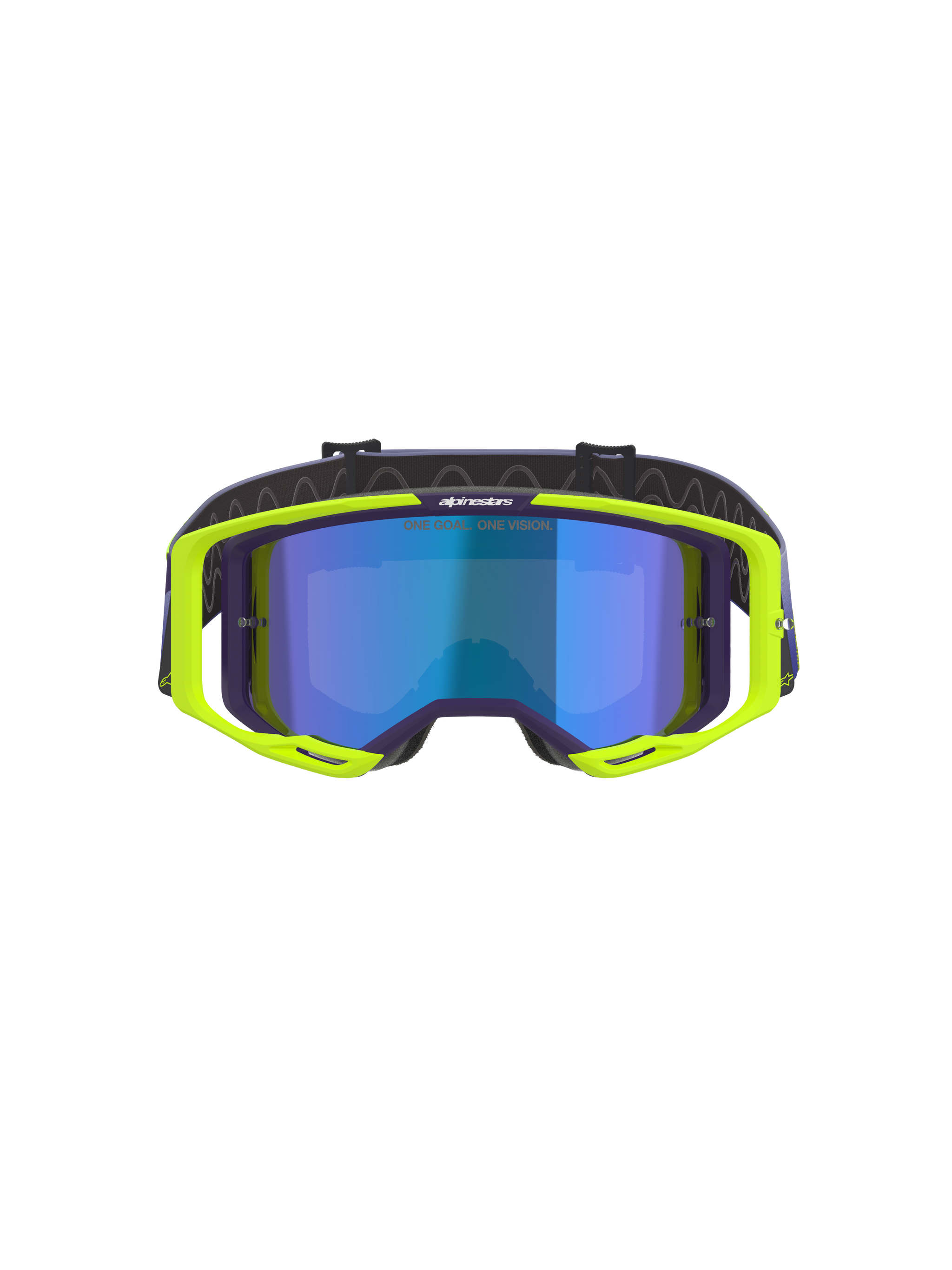 Alpinestars Vision 8 Corp Goggles, Motocross Goggles, Purple and Yellow Fluo, featuring a blue mirror-tinted lens, fluorescent yellow A-FLEX frame with purple accents, and an adjustable purple strap, high-performance off-road eyewear