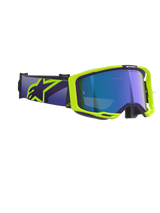 Alpinestars Vision 8 Corp Goggles, Motocross Goggles, Purple and Fluorescent Yellow, featuring a Mirror Blue lens, wide purple strap with bold yellow Alpinestars logo, flexible frame with ventilation details for off-road performance