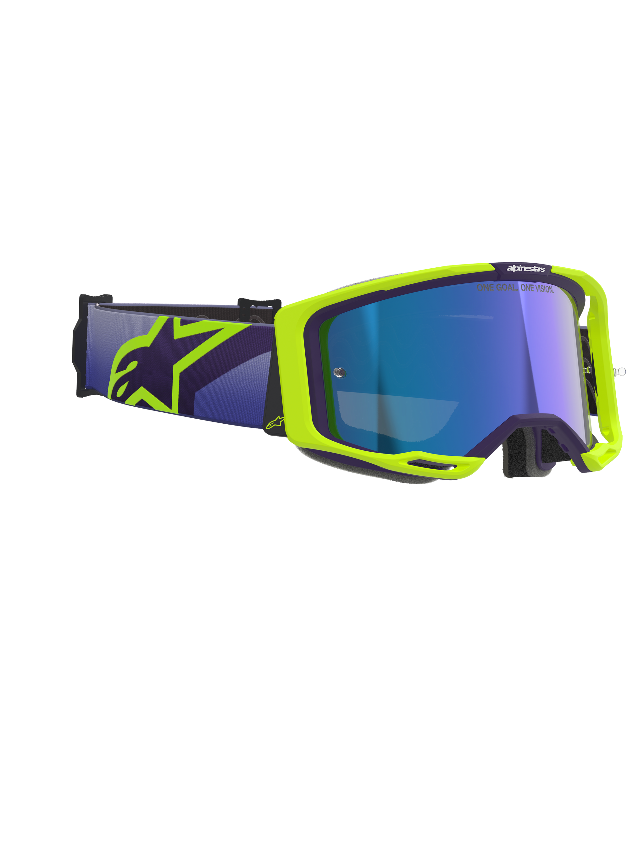 Alpinestars Vision 8 Corp Goggles, Motocross Goggles, Purple and Fluorescent Yellow, featuring a Mirror Blue lens, wide purple strap with bold yellow Alpinestars logo, flexible frame with ventilation details for off-road performance