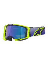 Alpinestars Vision 8 Corp Goggles, Motocross Goggles, Purple and Yellow Fluo frame with Mirror Blue tinted lens, featuring a wide purple strap and bold yellow Alpinestars logo, high-performance eyewear for off-road racing