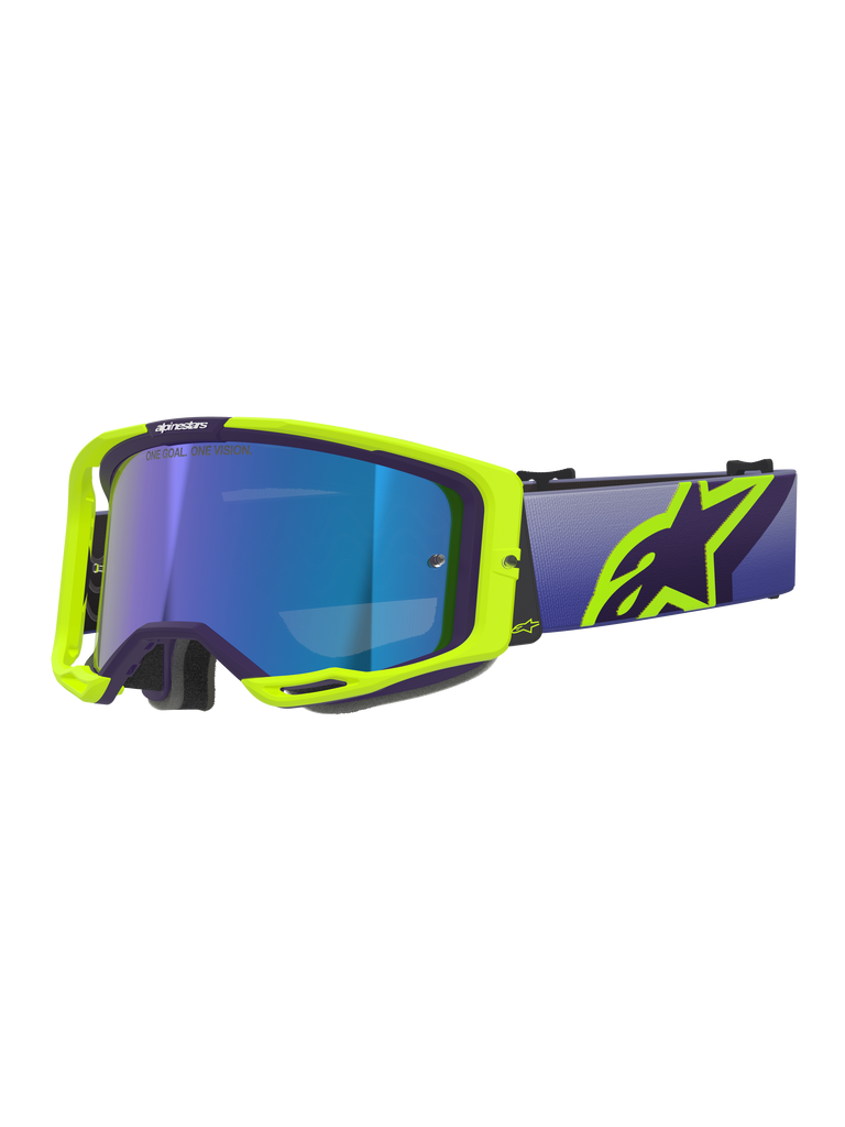 Alpinestars Vision 8 Corp Goggles, Motocross Goggles, Purple and Yellow Fluo frame with Mirror Blue tinted lens, featuring a wide purple strap and bold yellow Alpinestars logo, high-performance eyewear for off-road racing