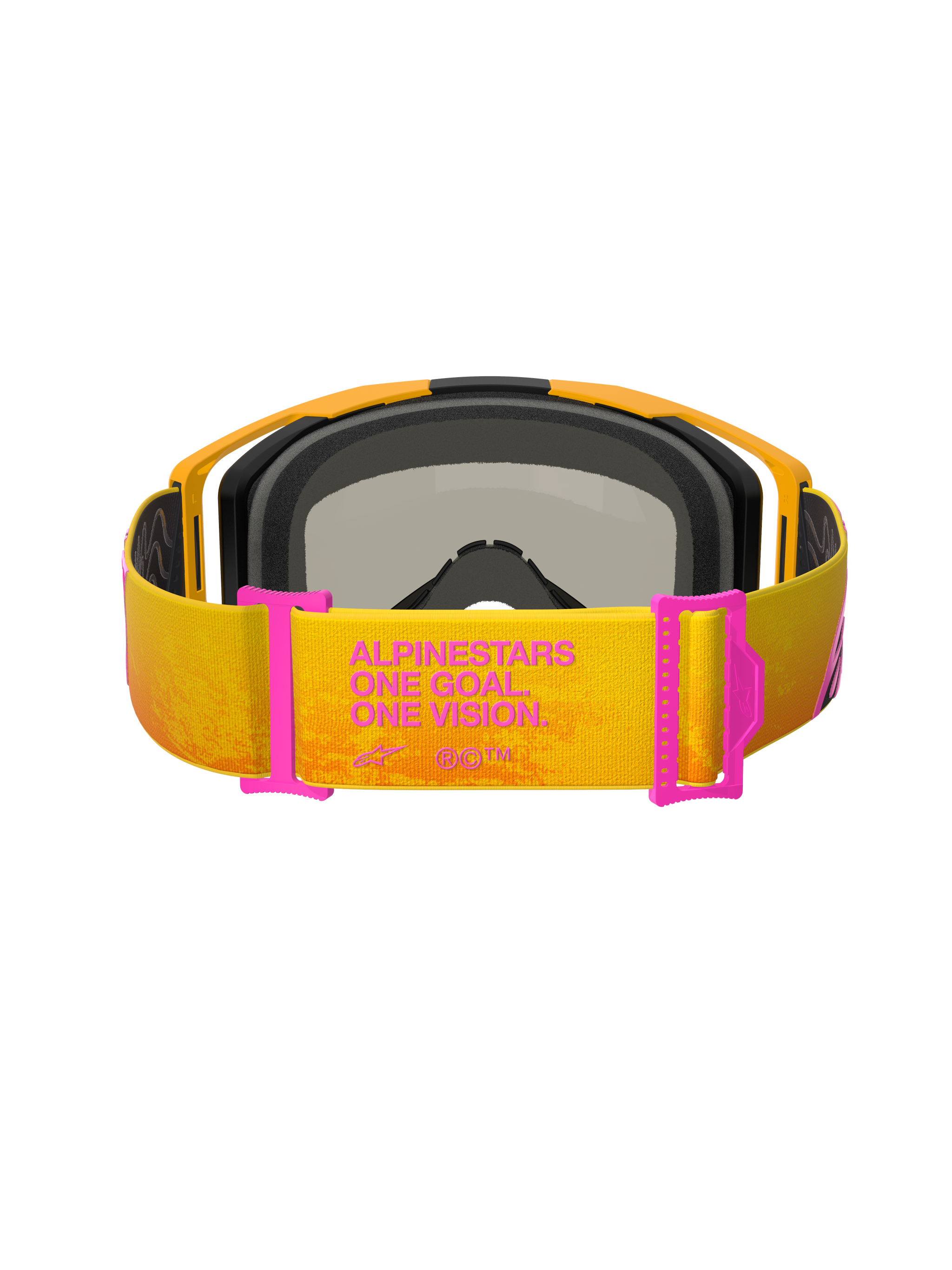 Alpinestars Vision 8 Corp Goggles, Motocross Goggles, Orange and Yellow with Pink accents, rear view showing the strap with 'ALPINESTARS ONE GOAL. ONE VISION.' text, pink strap adjusters, orange frame with black foam padding