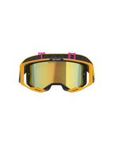 Alpinestars Vision 8 Corp Goggles, Motocross Goggles, Orange Yellow Pink Mirror Gold, front view featuring a mirrored gold lens with 'ONE GOAL. ONE VISION.' text, bright orange frame, and black strap with pink clips and wavy line patterns.