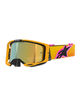 Alpinestars Vision 8 Corp Goggles, Motocross Goggles, Orange frame with Mirror Gold lens, Yellow and Orange gradient strap with a large Pink and Black Alpinestars logo, sleek high-performance design for off-road racing