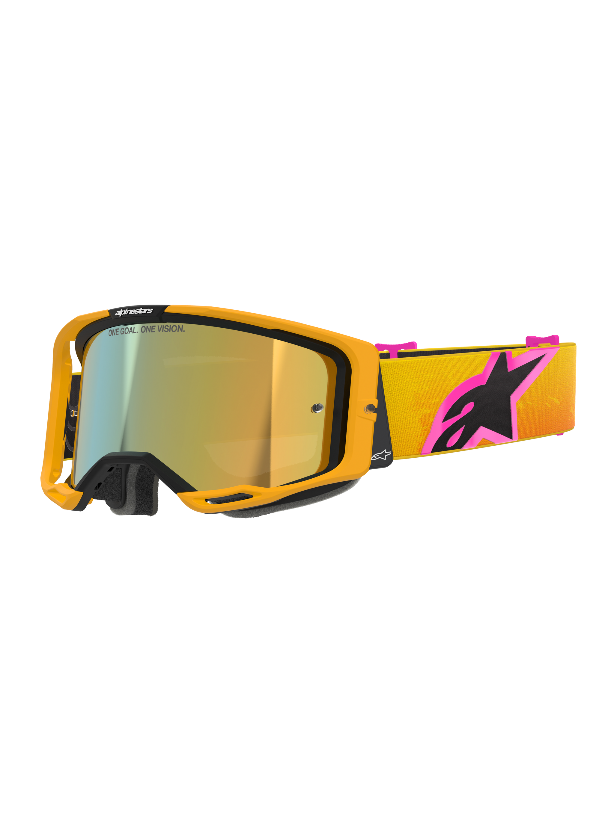 Alpinestars Vision 8 Corp Goggles, Motocross Goggles, Orange frame with Mirror Gold lens, Yellow and Orange gradient strap with a large Pink and Black Alpinestars logo, sleek high-performance design for off-road racing