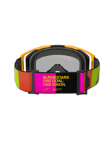Alpinestars Vision 8 Corp Goggles, Motocross Goggles, Yellow and Pink, rear view featuring adjustable strap with "ALPINESTARS ONE GOAL. ONE VISION." slogan, vibrant lime and orange accents, yellow frame with grey face foam.