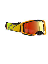 Alpinestars Vision 8 Corp Goggles, Motocross Goggles, Yellow and Pink with Mirror Red lens, wide woven strap featuring yellow and pink gradient with large star logo, lightweight A-FLEX frame with black outriggers, performance eyewear for off-road racing.
