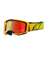 Alpinestars Vision 8 Corp Goggles, Yellow and Pink Motocross Goggles, Red Mirror Reflective Lens, Wide yellow strap with large black star logo, 'ONE GOAL. ONE VISION.' branding, professional off-road racing eyewear