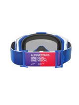 Alpinestars Vision 8 Corp Goggles, Blue White and Mirror Blue, Rear View, blue strap with purple and red central patch featuring "ALPINESTARS ONE GOAL. ONE VISION." text, white and blue frame with black foam padding, Motocross Goggles