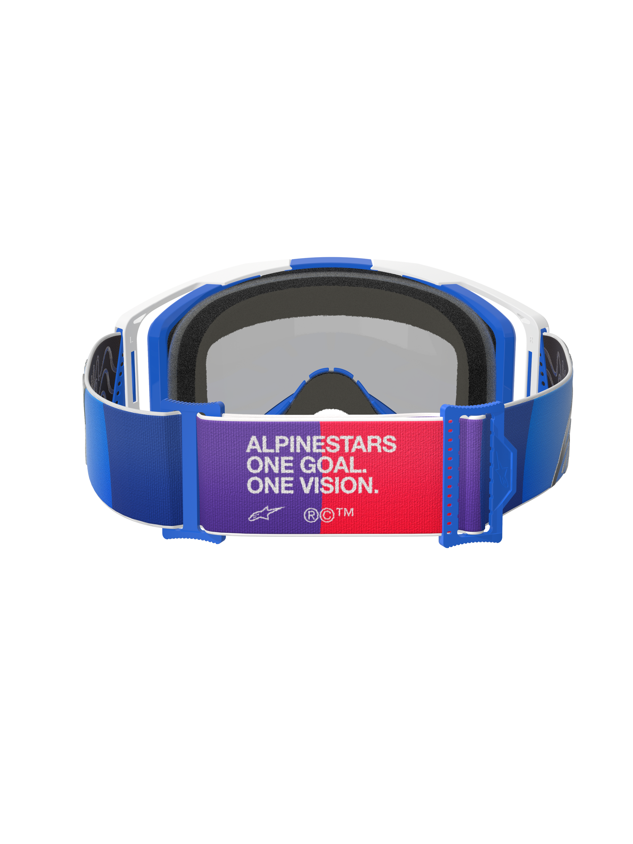Alpinestars Vision 8 Corp Goggles, Blue White and Mirror Blue, Rear View, blue strap with purple and red central patch featuring "ALPINESTARS ONE GOAL. ONE VISION." text, white and blue frame with black foam padding, Motocross Goggles