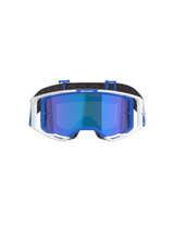 Alpinestars Vision 8 Corp Goggles, Motocross Goggles, Blue and White with Mirror Blue Lens, featuring a white outer frame, blue inner accents, and 'One Goal. One Vision.' branding on the mirror lens, designed for off-road racing performance.