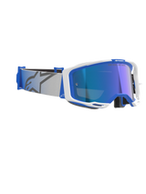 Alpinestars Vision 8 Corp Goggles, Motocross Goggles, Blue and White with Mirror Blue lens, light gray woven strap featuring a blue star logo, sleek A-FLEX frame design with mirrored lens for off-road racing
