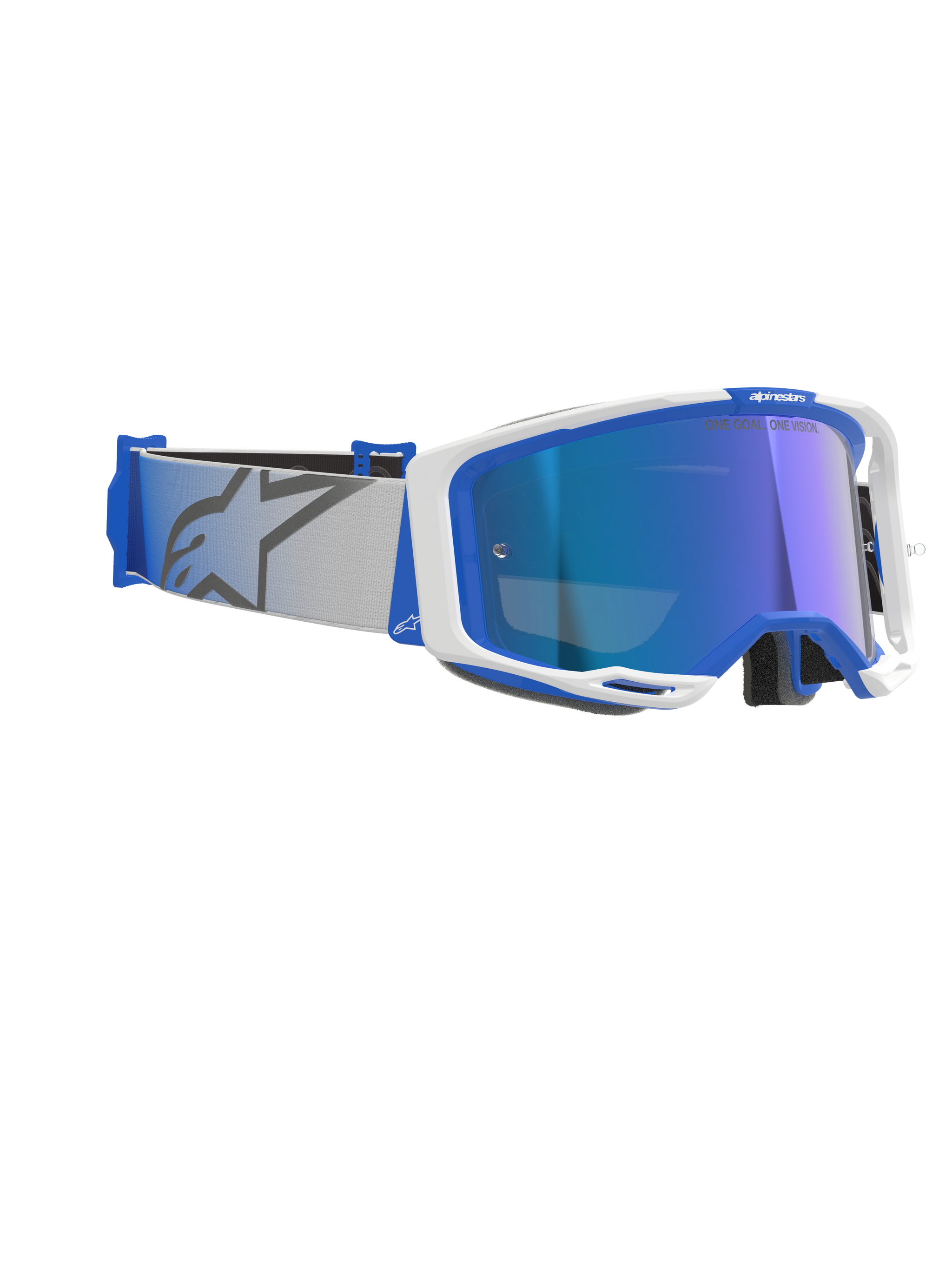 Alpinestars Vision 8 Corp Goggles, Motocross Goggles, Blue and White with Mirror Blue lens, light gray woven strap featuring a blue star logo, sleek A-FLEX frame design with mirrored lens for off-road racing