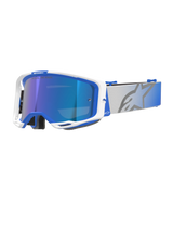 Alpinestars Vision 8 Corp Goggles, Motocross Goggles, Blue and White frame, Mirror Blue reflective lens with purple tint, wide adjustable gray strap with blue gradient and large star logo, featuring RAM-AIR ventilation and "ONE GOAL. ONE VISION." branding