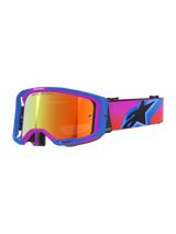 Alpinestars Vision 8 Corp Goggles, motocross goggles with a blue and purple A-FLEX frame, orange mirror lens featuring 'ONE GOAL. ONE VISION.' branding, gradient pink to orange strap with a large black star logo, high-performance off-road eye protection