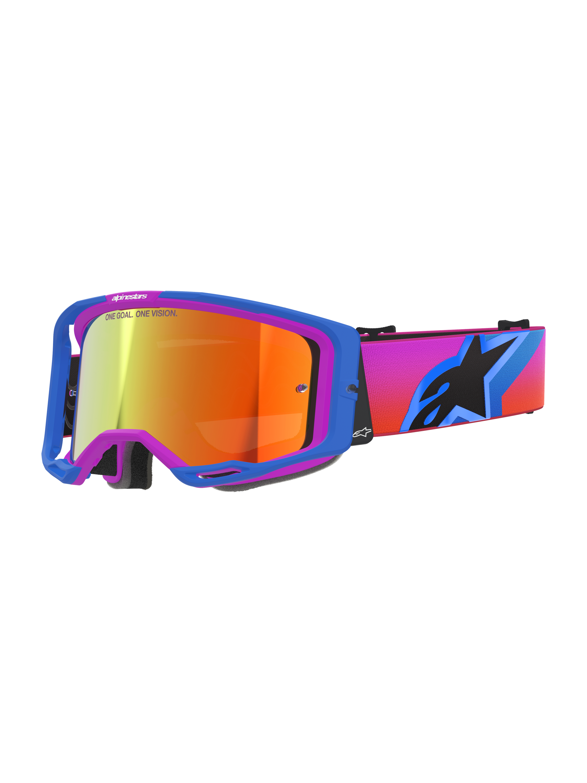 Alpinestars Vision 8 Corp Goggles, motocross goggles with a blue and purple A-FLEX frame, orange mirror lens featuring 'ONE GOAL. ONE VISION.' branding, gradient pink to orange strap with a large black star logo, high-performance off-road eye protection