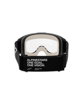 Alpinestars Vision 5 Corp Goggles, Motocross Goggles, Black and Clear, rear view showing the black strap with white 'ALPINESTARS ONE GOAL. ONE VISION.' branding, light grey face foam, and clear anti-fog lens.
